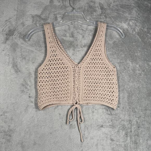 Pink Rose Sweater Womens Medium Cream Open Crochet Neutral Bohemain Peasant - Picture 3 of 10